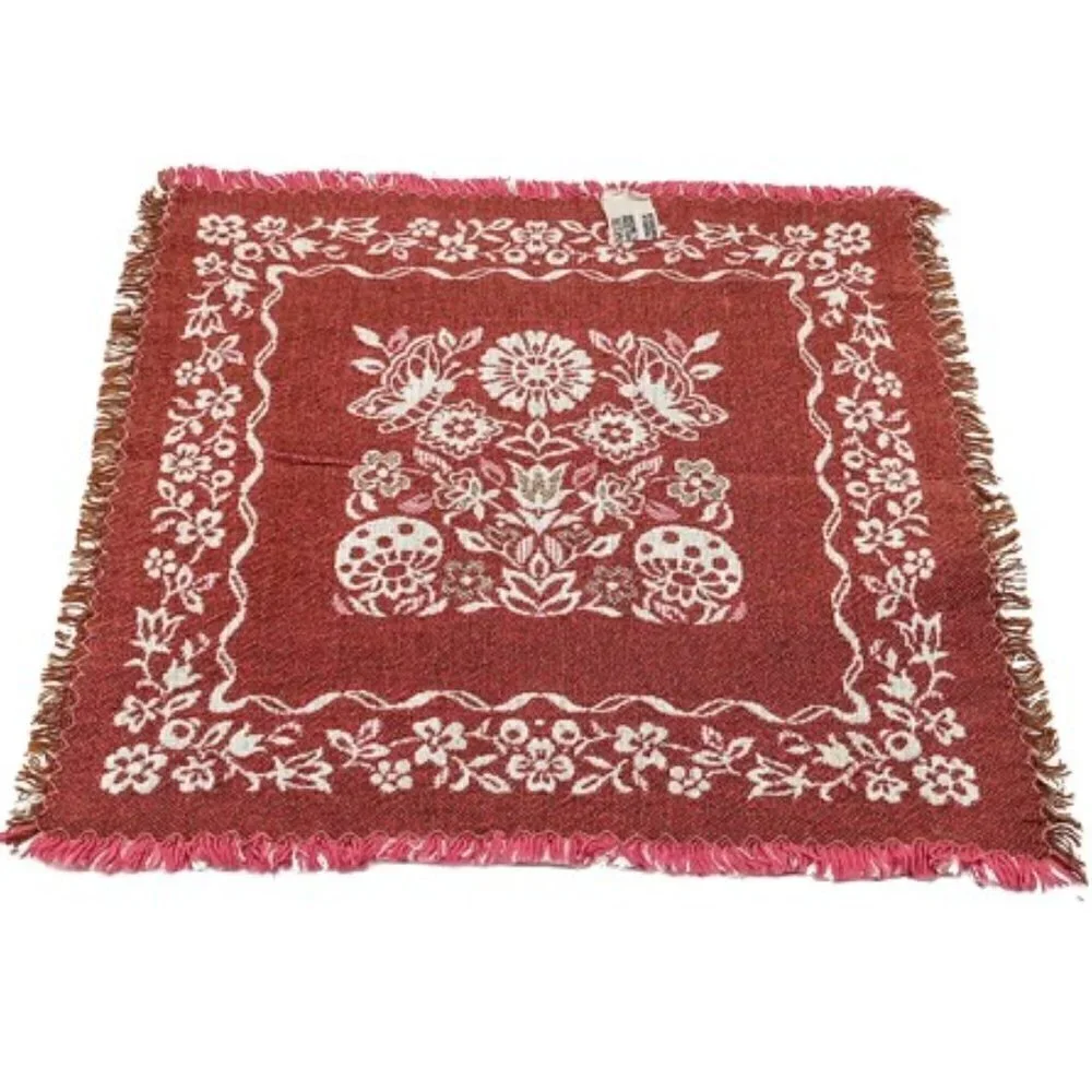 Vintage Red Floral Cotton Linen Fringed Square Woven Napkins